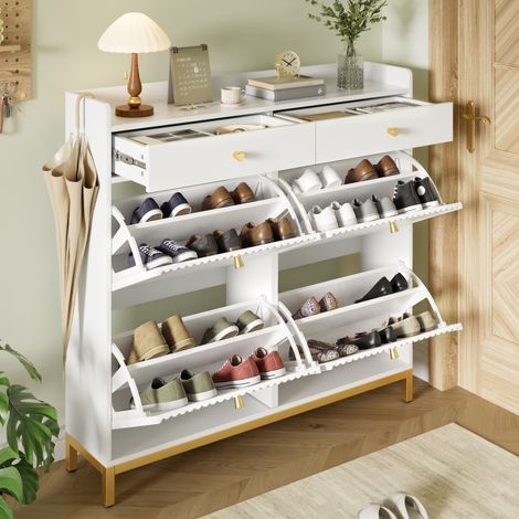 Zapatero estrecho con 4 abatibles y 2 cajones, blanco, OKMYHOME (1/5)