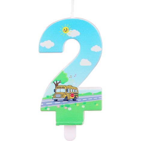 Bus Scolaire Bougie Numero Anniversaire, Couleur Vive Bougie Numero Décoration pour Gâteau pour Enfants Thème Transport Décoration de Gâteau (Chiffre 2) (1/5)
