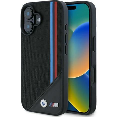 BMW BMHMP16S23PUTRK iPhone 16 6.1" negro/negro funda rígida M Malla Tricolor Stripes MagSafe (1/5)