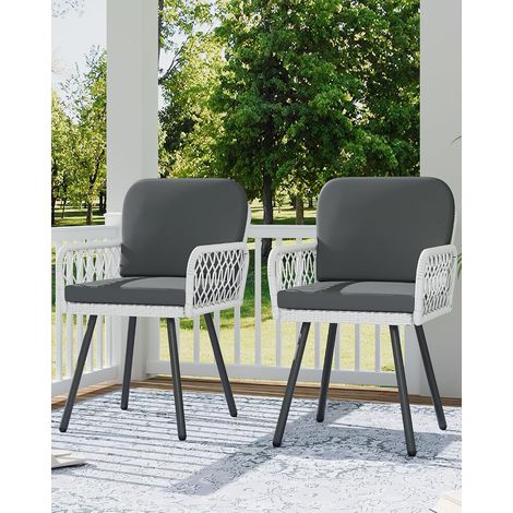 lot de 4 fauteuils de repas extérieurs coussins cadre métal noir rotin tissé gris blanc jardin balcon terrasse cour (1/5)