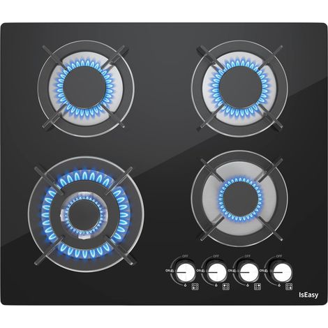 Iseasy – Plaque de cuisson gaz 4 brûleurs – Surface en verre trempé 8mm – Allumage par impulsion – Sécurité thermocouple – Dimensions 60x52cm