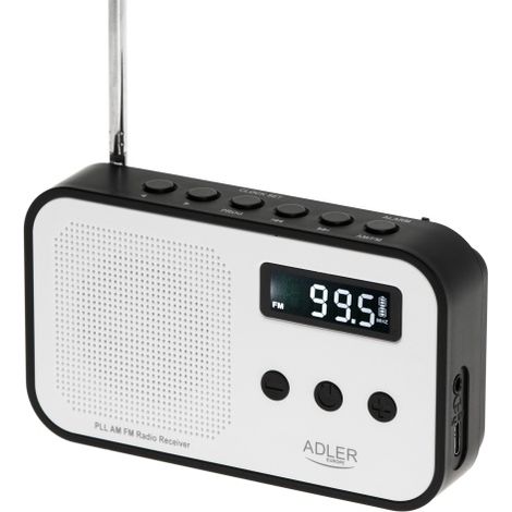 Adler Radio Portátil Digital, Am/FM AD 1907, Pantalla LCD, Antena Telescópica, Memoria para 40 emisoras, Temporizador de Apagado automático, USB Recargable, Negro y Blanco (1/5)