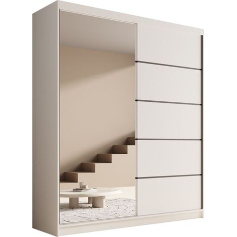 Les Tendances – Armoire coulissante 2 portes avec miroir – Largeur 180 cm – 6 étagères + tringle penderie – Design moderne blanc (1/5)