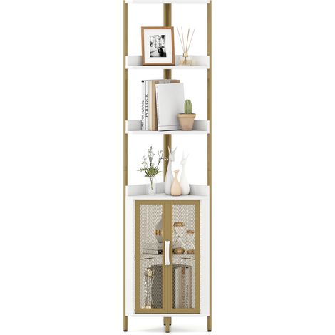 COSTWAY 6-Tier Corner Shelf Industrial Bookcase Display Shelf w/ Cabinet-White (1/5)