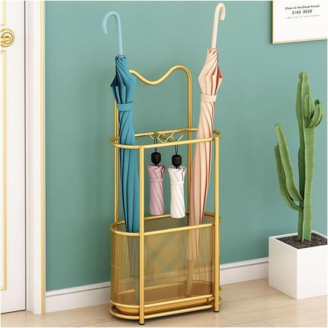 Porte-parapluie en métal, support autoportant avec crochets et plateau d'égouttement, organisateur de canne de marche pour couloir, entrée (doré)