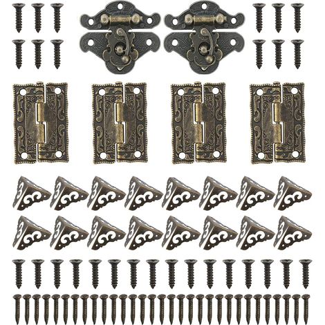 2pcs Loquet Antique pour Boîtes à Bijoux, 4pcs Charnières Rétro en Bronze Gravé, 16pcs Protection D'angle Vintage, Verrou Antique, avec Vis pour La Décoration de Boîte à Bijoux en Bois (1/5)