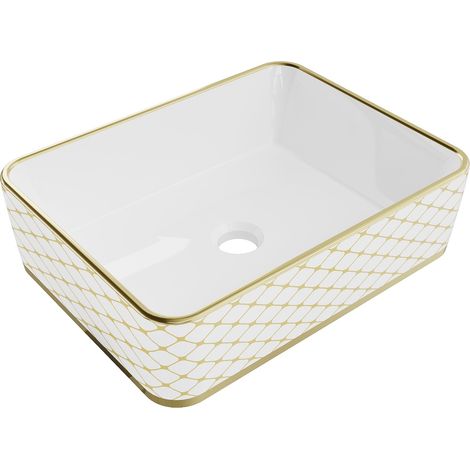Lavabo cerámico sobre encimera, 48x37x13 cm, Blanco/Dorado