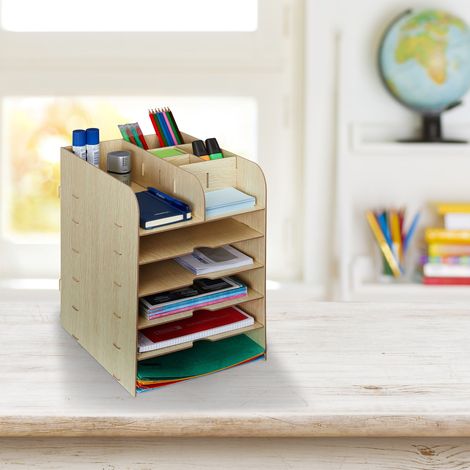 Relaxdays Schreibtisch Organizer mit Dokumentenablage, 12 Fächer, HBT: 34,5 x 25 x 32 cm, Büroorganizer MDF, hellbraun