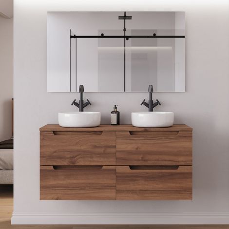 Meuble de salle de bain 120cm avec plateau et 2 vasques à poser rondes - 4 tiroirs - noyer (bois foncé) - SONRIZA (1/5)