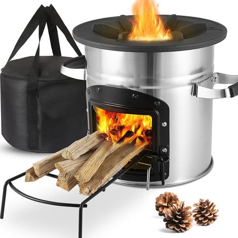 Rocket Stove, Four à Fusée Ø3230 cm, Wood Stove, Poêle à Bois Camping en Acier Inoxydable, Double Porte, avec Sac de Transport, Support pour Bois de Chauffage - pour Camping/Barbecue/Ébullition d'Eau (1/5)
