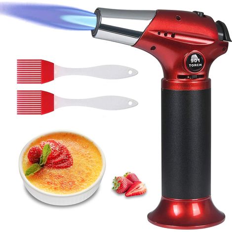 Chalumeau de Cuisine Rechargeable avec Verrou de Sécurité, Flamme Réglable avec 2 Pinceaux en Silicone pour la Cuisson, Barbecue, Pâtisseries, Soudure, Camping (Butane Non Inclus) (1/5)