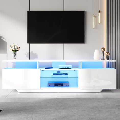 Meuble tv rangement 70 pouces LED MDF blanc 8 niches OKMYHOME (1/5)