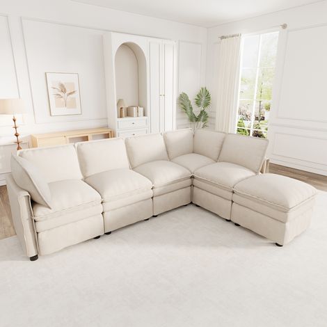 Canapé d'angle modulable XXL 344 x 127 x 91 cm avec fonction couchage, chenille beige OKMYHOME (1/5)