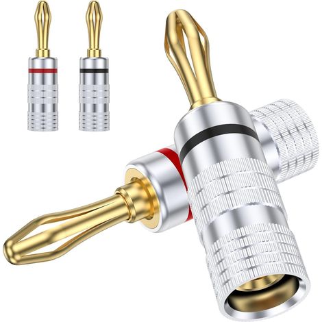 2 Paires Fiches Bananes, Laiton Plaqué Or 24K, Double Vis, Câble Haut-Parleur, Home Cinéma