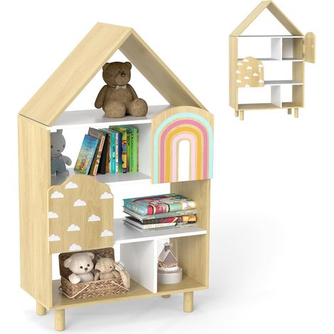 GOPLUS Bibliothèque Enfant en Forme de Maison, Étagère Enfant à 4 Niveaux avec Pieds en Bois, Meuble Rangement Livre pour Chambre, Salle de Jeux et Crèche (1/5)