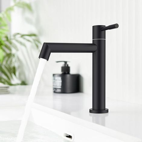 Robinet Eau Froide Uniquement Noir, Robinet Lave Main Salle Bain avec Mousseur Amovible, Acier Inoxydable avec Hauteur sous Bec 113 mm pour WC Invités (1/5)