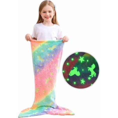 Couverture Queue de sirène pour enfants Brille dans le noir Cadeau pour fille en flanelle douce arc-en-ciel 100 x 43 cm (1/4)