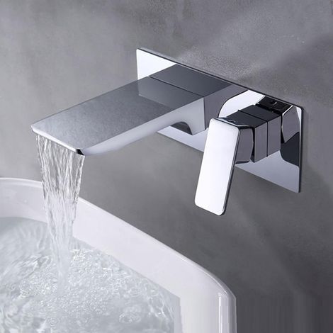 Black and silver wall-mounted washbasin tap, elegant waterfall mixer tap for modern bathroom (1/4)