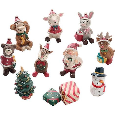 10-teiliges Set weihnachtlicher Miniaturfiguren aus Kunstharz: Tiere, Weihnachtsmann, Weihnachtsbaum, Geschenkbox, Feengarten, Puppenhausdekoration