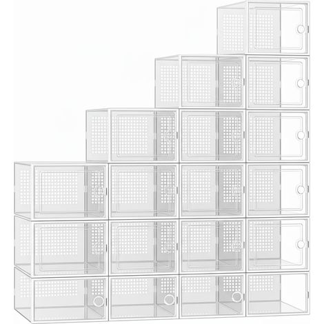 18 Boîtes à Chaussures Transparentes - 40% Plus Solide - Rangement Chaussures - Gain de Place - Boîtes de Rangement Empilables - Jusqu'à 44 - Transparent et Blanc (1/5)