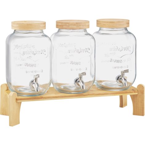 Mophorn Distributore di Bevande, Set da 3 Contenitori da 8 L in Vetro con Supporto in Legno, Rubinetto in Acciaio Inox e Infusore, Ideale per Tè Freddo, Limonata e Altre Bevande per Eventi e Feste