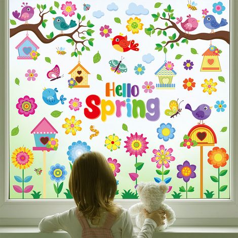 JSSEVN-9 Feuilles Stickers Printemps Fenetre Statique, 127 PCS Autocollant Gommettes Réutilisable Double Face avec Fleurs, Cadeau Enfant DIY (1/5)