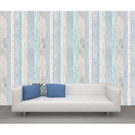 Wood Panel Wallpaper Wooden Wood Effect Beach Hut Glitter Blue CWV