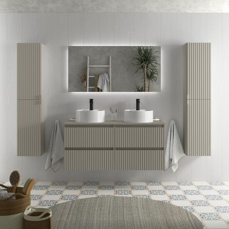 Mueble de Baño KIRA 120cm Gris mate 4 cajones Lavabo sobre encimera 2 pozas Porcelana (1/5)