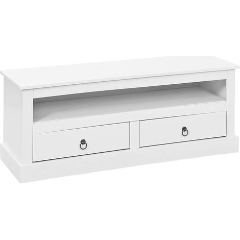 NATUR - Meuble TV 2 Tiroirs Bois Massif Vernis Blanc (1/5)