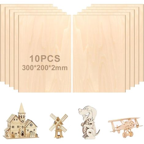 Lot de 10 panneaux de bois de balsa - 300 x 200 x 2 mm - Plaque de contreplaqué - Pour travaux manuels, projets laser, bricolage, modélisme, art et artisanat, peinture (1/5)