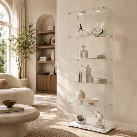 Vitrine en verre trempé 5 niveaux – Vitrine Exposition avec serrure – Éclairage LED réglable – Double porte – Protection anti-basculement – Blanc (1/5)