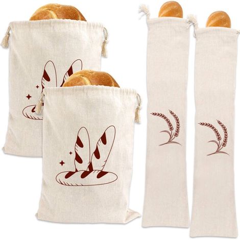 Lot de 4 sacs à pain en lin pour pain maison, non blanchis, réutilisables, sacs à baguette de boulangerie (1/5)