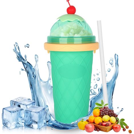 Gobelet à granité DIY, gobelet en silicone à presser avec paille et cuillère 2-en-1, gobelet à granité à malaxer, smoothie, coupe à glace à presser, machine à granité DIY, vert clair