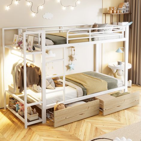 REDOM - Letto a castello 90x200 cm con 2 cassetti, ripiani, striscia LED e barra in metallo e MDF, bianco (materasso non incluso) (1/5)