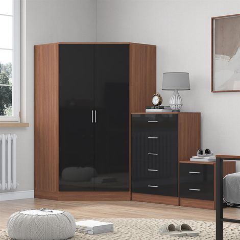 Reflect 2 Door Corner Wardrobe, 5 Drawer Chest, 2 Drawer Bedside - Black Gloss & Walnut - Bedroom Furniture Set (1/5)