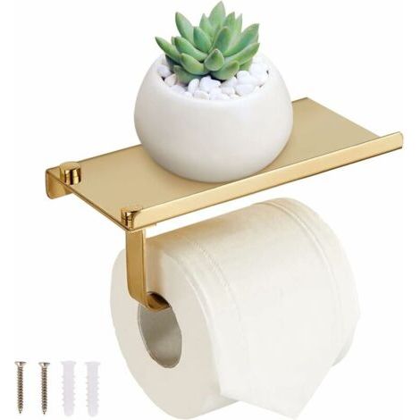 Porte Papier Toilette Mural avec Etagère de Téléphone - Derouleur Papier en Acier Inox pour Salle de Bain(Or) (1/4)