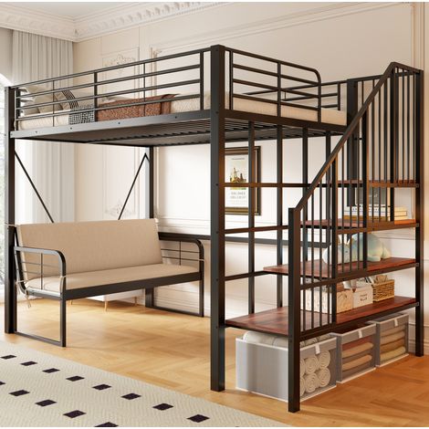 Lit superposé 140/200 cm noir en métal et bois avec canapé amovible et escalier de rangement (1/5)