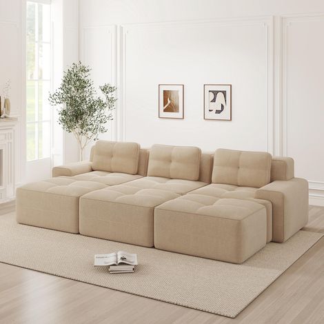 Canapé sans structure, tissu velours côtelé doux, canapé d'angle modulable convertible avec 3 poufs, canapé 3 places, canapé confortable pour le salon, beige (1/5)