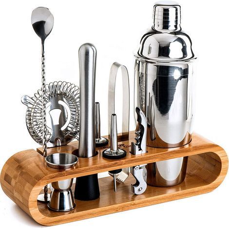Juego de barman, acero inoxidable/bambú, coctelera Cobbler 550 ml, paquete de 10, plata/marrón (1/5)