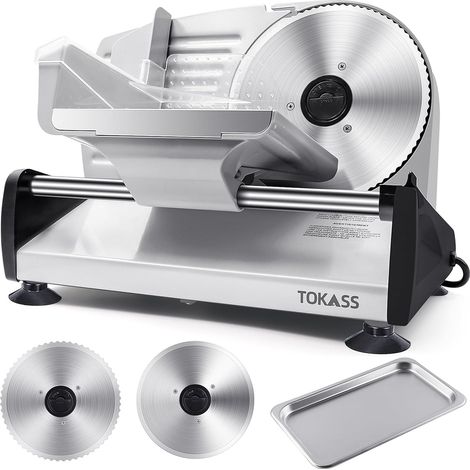 Stainless Steel Electric Slicer - Ham, Meat, Bread, Sausage and Cheese Slicer - 2 Interchangeable Blades 190mm - Adjustable Thickness 0-15mm (1/5)
