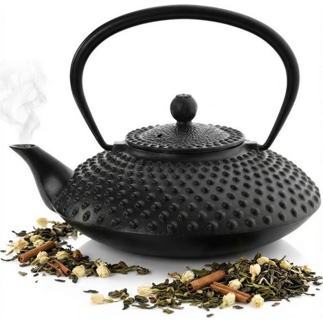 Hervidor de hierro fundido de 1,25 l con infusor de acero negro para t茅 y hierbas.