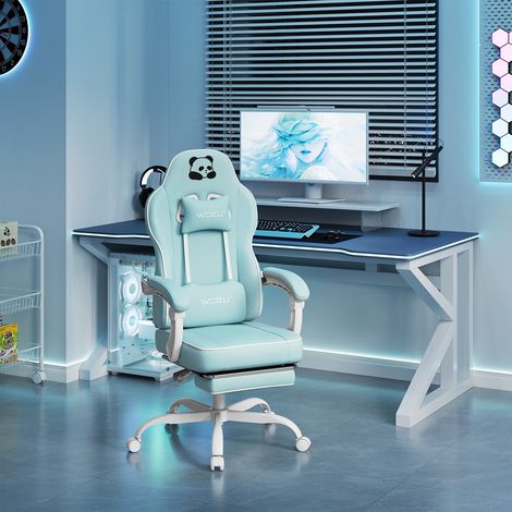 WOLTU Gaming Stuhl ergonomischer, Bürostuhl mit Taschenfederkissen, Schreibtischstuhl 150 kg Belastbarkeit, Drehstuhl mit Kopfkissen, Lendenkissen, Fußstütze, aus Netzstoff, Hellblau