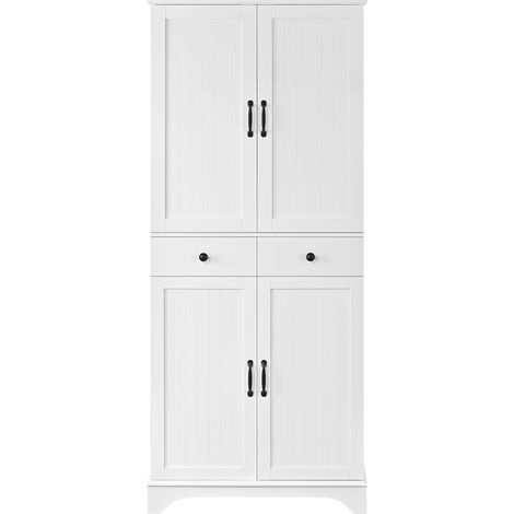 Armario alto de almacenaje con 4 Puertas, 2 Cajones y Estantes Ajustables, para Cocina y Salon, en MDF, Blanco, 77×40×181 cm (1/5)