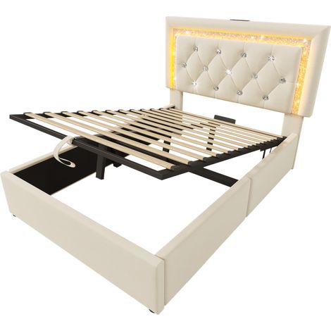 Cama tapizada 90x200 cm de terciopelo beige con LED, USB-C y arcón hidráulico, con colchón (1/5)