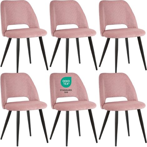 Esszimmerstühle 6er Set, gepolsterte Stühle mit Ausschnitt Rückenlehne, gestreifter Samt, Rosa (1/5)