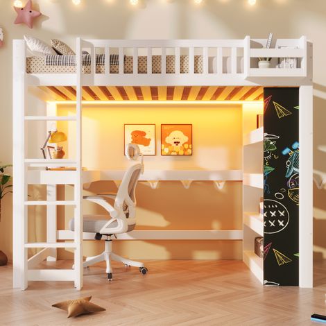 Lit Superposé 90x200cm - Avec Bureau Intégré - Ardoise - Étagères et Rangements - LED - Structure Pin Massif - Capacité 120kg - Blanc (1/5)