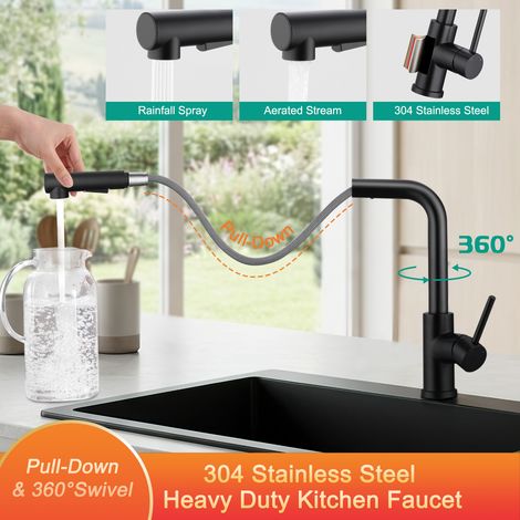 Robinet de cuisine noir en acier inoxydable – extractible, pivotant à 360°, mitigeur monocommande, 2 types de jets (1/5)