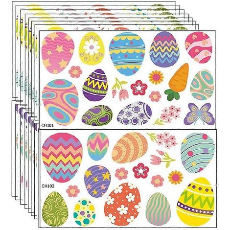 Décoration de vitrine en verre : œufs de Pâques colorés, fleurs printanières, papillons et carottes (1/5)