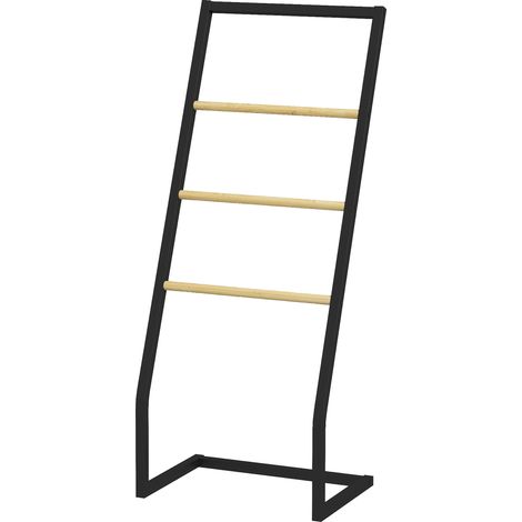 HOMCOM Porta Asciugamani a 4 barre in Acciaio e Bambù 40.5x28x98cm  Nero e Legno