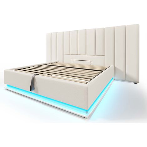 Letto contenitore 160x200 con LED, USB-C, testiera e rete, PU bianco (1/5)